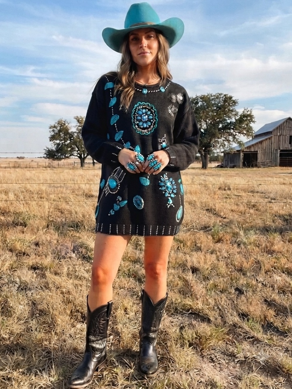 Vintage "Studio Collection" Turquoise Beaded Tunic Sweater / Mini Dress – Size L